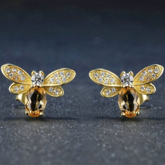 Bee stud earrings citrine yellow gold brand new - Picture 4 of 4